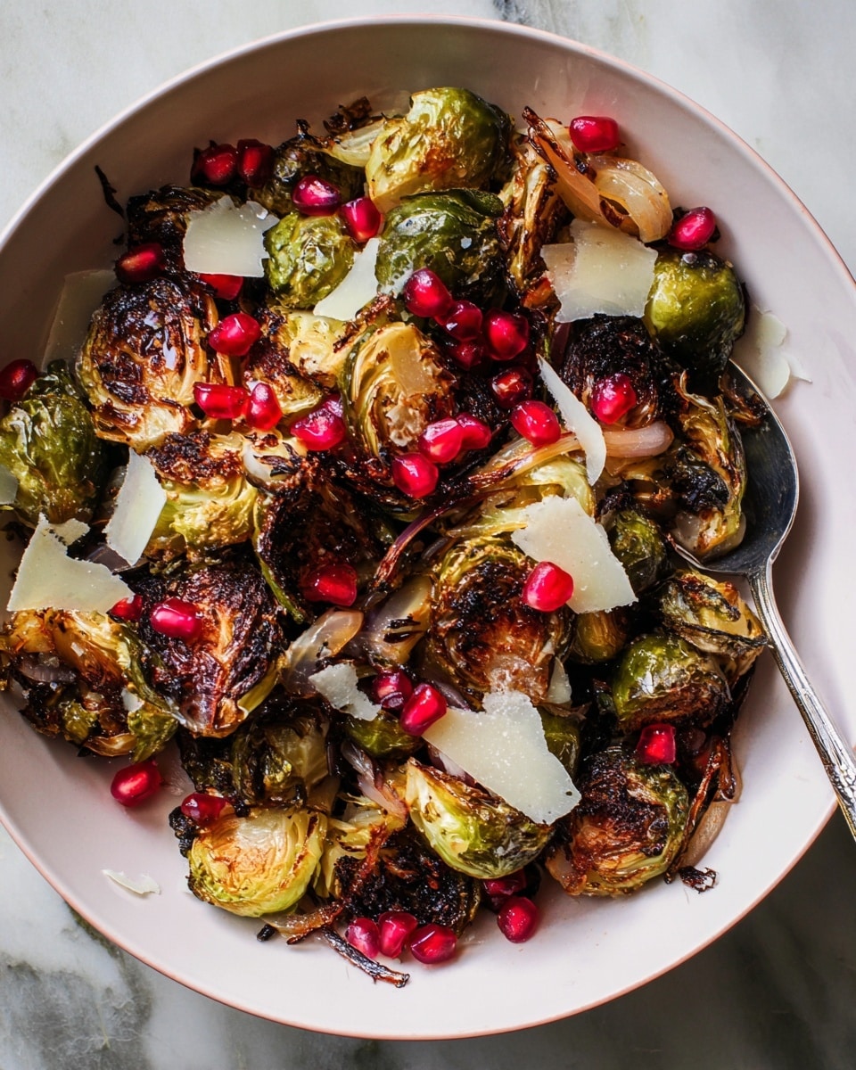 A white bowl filled with roasted Brussels sprouts that have a mix of golden brown and dark crispy edges, scattered with translucent roasted onion pieces that have light brown tips, and bright red pomegranate seeds. On top of the vegetables, there are thin, uneven white shavings of cheese spread around. A silver spoon rests on the right side inside the bowl. The bowl is placed on a white marbled surface with soft light shining on the dish, creating warm highlights. Photo taken with an iphone --ar 4:5 --v 7