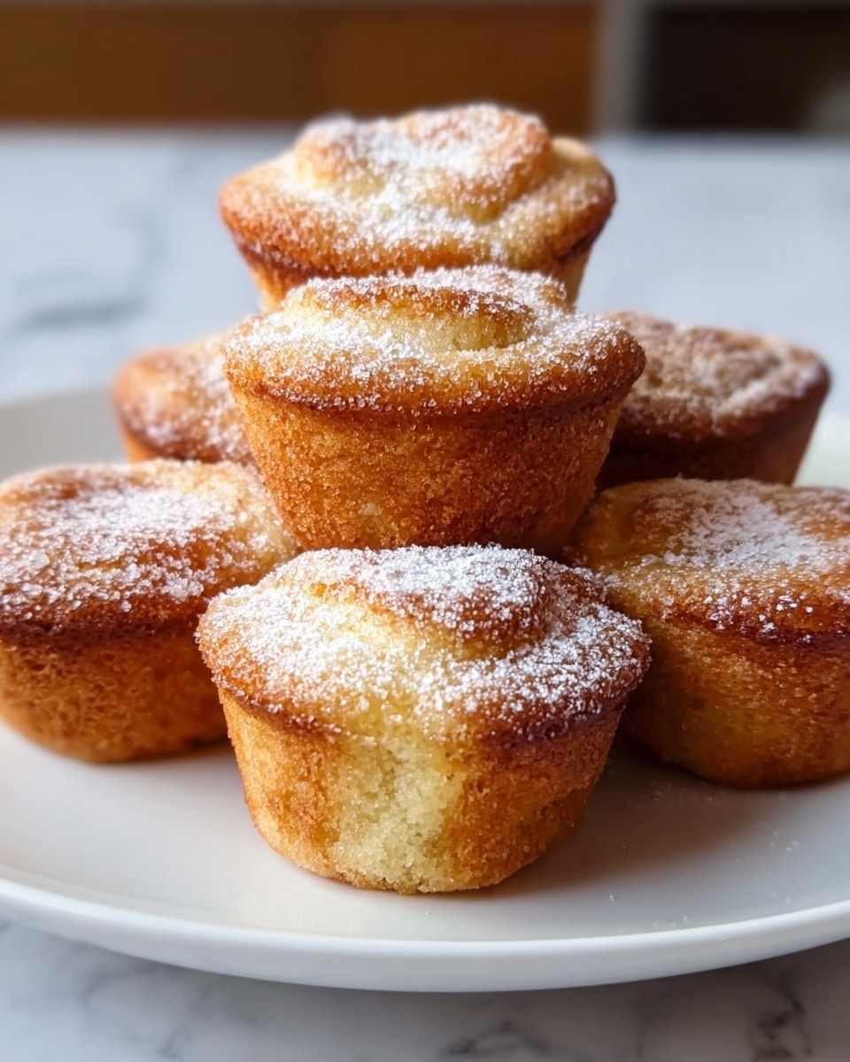 The image shows a close-up of six small golden-brown muffins with a soft, slightly rough texture and uneven tops sprinkled with white powdered sugar. The muffins are arranged in a pyramid shape on a white plate, with three muffins on the bottom layer, two in the middle, and one on the top. The plate sits on a white marbled surface, while the background is softly blurred to keep focus on the muffins. photo taken with an iphone --ar 4:5 --v 7