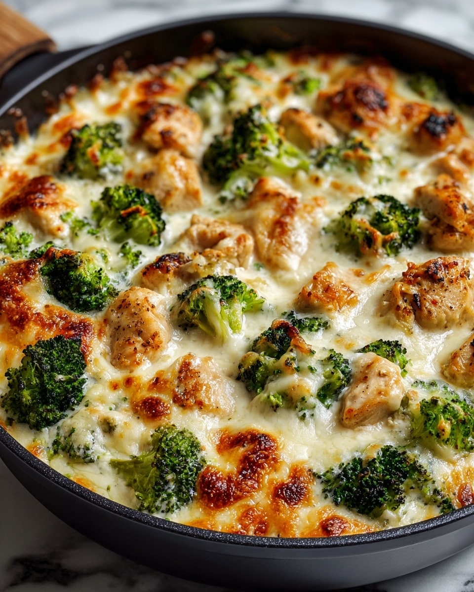 A close-up view of a round black pan filled with baked casserole showing two main layers: the bottom layer is a creamy white sauce topped with golden melted cheese that has small browned spots, and the top layer consists of evenly scattered bright green broccoli florets and light beige chicken pieces with a slightly crispy texture, all visible on a white marbled surface. The photo taken with an iphone --ar 4:5 --v 7