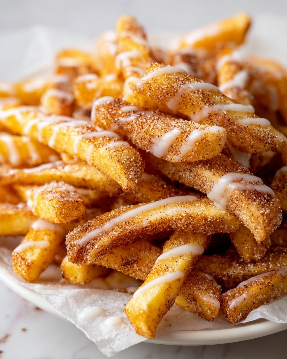 A white plate piled with thick, golden churros covered in a coarse layer of sugar and cinnamon, giving them a crunchy texture. The churros are stacked unevenly in multiple layers, showing their ridged surface. Some churros have a light drizzle of smooth white icing scattered on top, adding contrast. The background is a white marbled texture, highlighting the warm color of the churros. photo taken with an iphone --ar 4:5 --v 7