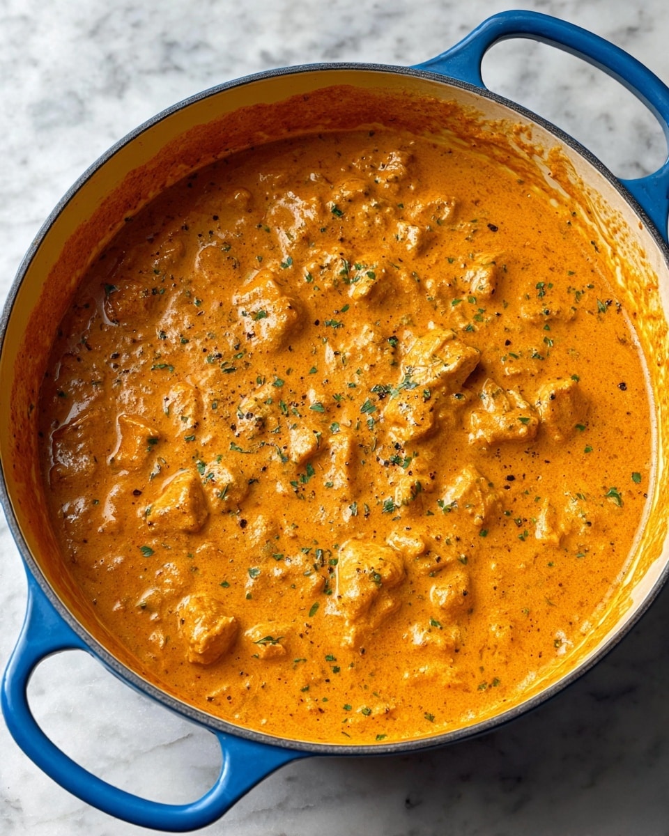 A blue pot filled with creamy orange-colored curry sauce thick with chunks of tender meat throughout. The sauce has a smooth texture with some small bits and is speckled with green herbs and black pepper pieces across the surface. The pot is placed on a white marbled surface, with sauce slightly sticking to the pot’s edges. The handles of the pot are visible on the top and bottom sides. photo taken with an iphone --ar 4:5 --v 7