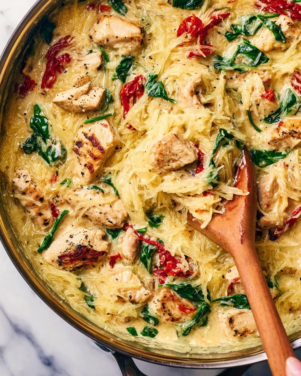 This close-up image shows a creamy pasta dish with three main layers: cooked spaghetti squash strands in a pale yellow color form the base, scattered pieces of light golden grilled chicken with slight char marks sit on top, and fresh spinach leaves in dark green add contrast throughout. There are also pieces of bright red sun-dried tomatoes mixed evenly in the creamy sauce that coats everything, giving a smooth and rich texture. A wooden spoon is partly submerged stirring the ingredients, with a woman's hand holding it against a white marbled background. Photo taken with an iphone --ar 4:5 --v 7