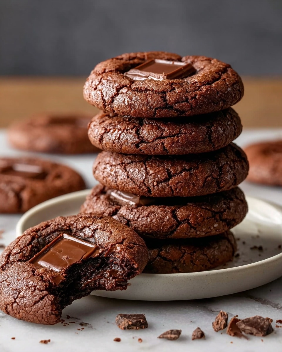 The image shows six round, dark brown chocolate cookies on a parchment paper-lined baking tray. Each cookie has a square piece of chocolate placed in the middle, slightly melted. The cookies have a cracked dry texture on the surface. A metal spatula lifts one cookie, showing the bottom and edges. The background is a white marbled surface with soft natural light casting shadows. photo taken with an iphone --ar 4:5 --v 7