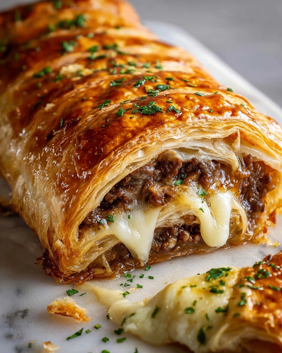 A close-up view of a beef and cheese pastry roll on a white marbled surface. The pastry has a shiny golden brown outer crust with a sliced edge showing its many thin, flaky layers. Inside, the filling has a rich, dark cooked beef texture mixed with melted creamy white cheese that stretches slightly. The top of the pastry is sprinkled with small chopped green herbs, adding a fresh touch. A piece of the pastry rests beside the main roll, showing a soft melted cheese layer with green herbs on top. photo taken with an iphone --ar 4:5 --v 7