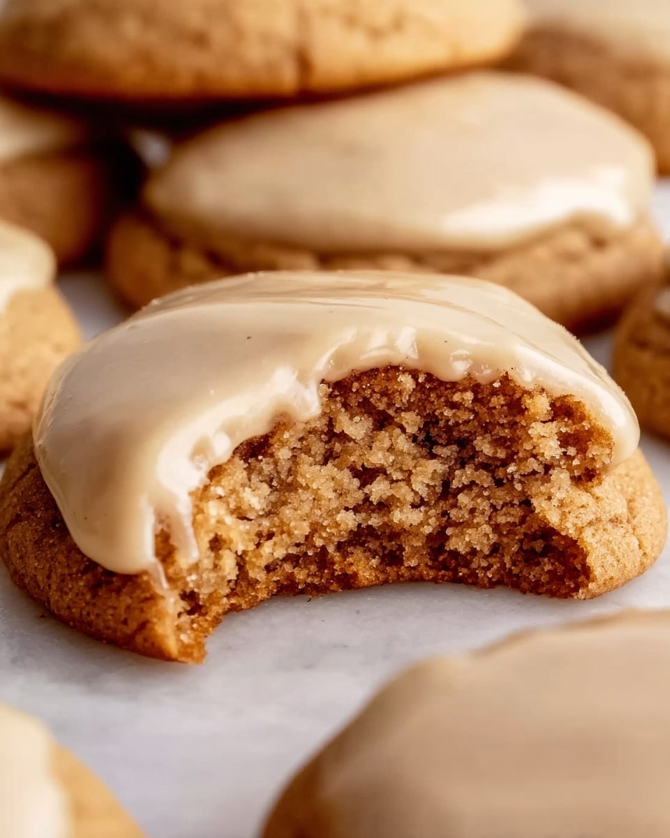 A close-up of a soft cookie with a creamy, light beige icing layer on top that has a smooth texture. The cookie itself has a slightly cracked surface showing a dense, chewy inside in a light brown color. More cookies with the same icing are blurred softly in the background. The cookies rest on a white marbled surface. photo taken with an iphone --ar 4:5 --v 7