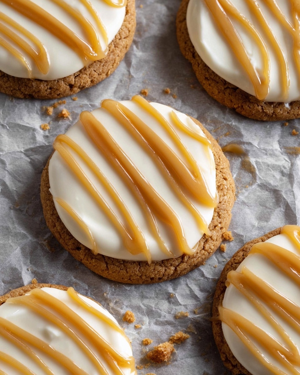 There are many round cookies laid out on crinkled grey parchment paper. Each cookie has three visible layers: a crumbly light brown base, a creamy white thick frosting layer spread evenly on top, and a smooth caramel sauce drizzled in horizontal lines over the cream. The cookies are arranged closely together, with some crumbs scattered around on the parchment. The background is changed to a white marbled texture. photo taken with an iphone --ar 4:5 --v 7