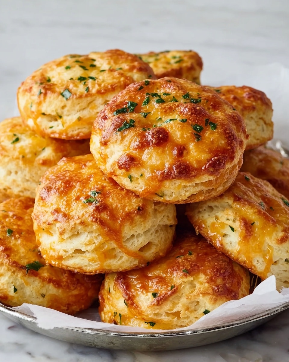 The image shows a close-up of eight round, golden-brown biscuits arranged close together on a metal baking tray. Each biscuit has a slightly uneven surface with a shiny, baked crust that is light brown with some darker spots. The texture looks soft and flaky, and they are topped with small pieces of green herbs scattered across the tops, adding a contrast of fresh green color. The edges of the biscuits are slightly puffed and crisp. The background is a white marbled surface. photo taken with an iphone --ar 4:5 --v 7