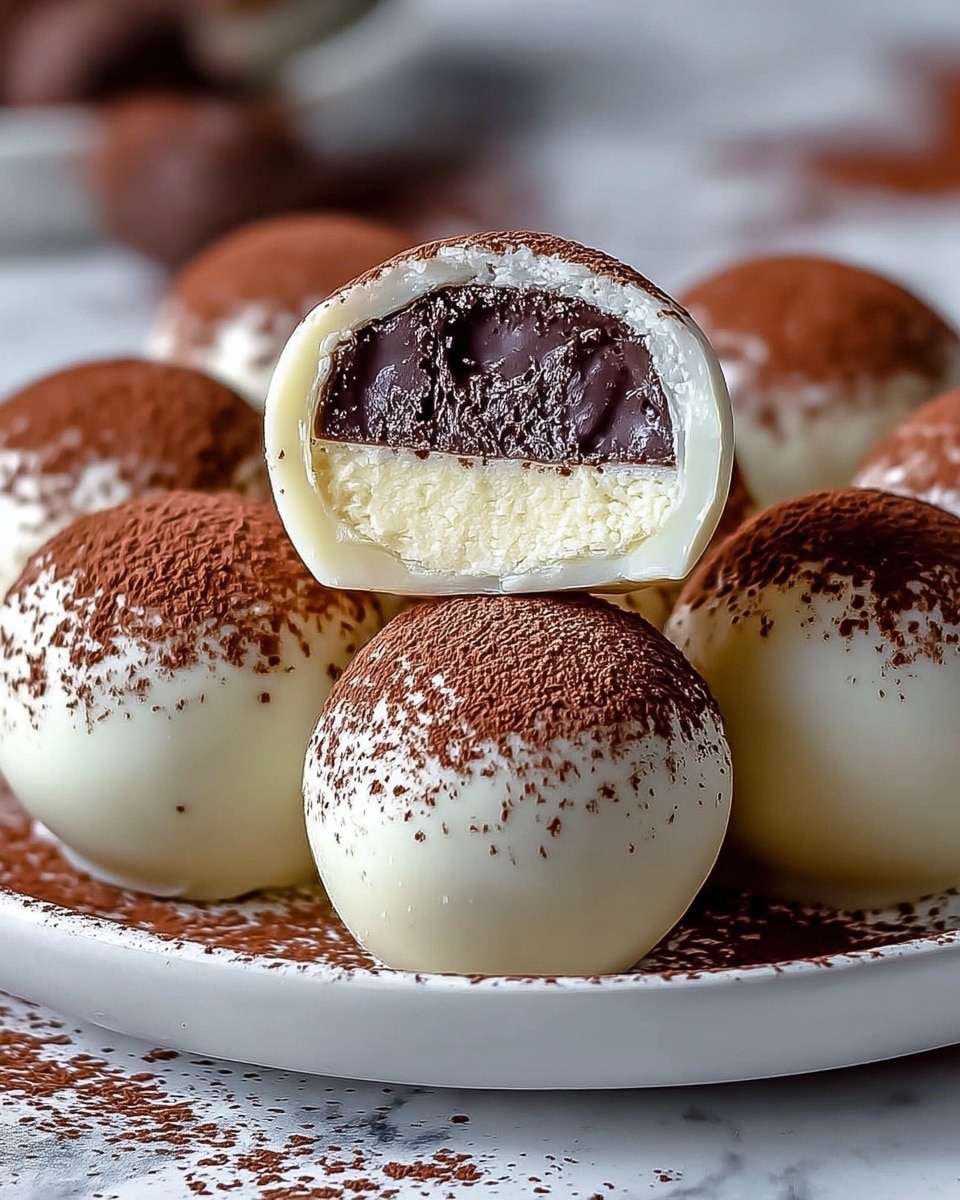 The image shows round white chocolate balls resting on a white plate with cocoa powder dusted on top of each ball and scattered on the plate. One ball is cut in half and placed on top of another ball, revealing three layers: a smooth, dark chocolate center with a shiny texture, a thick middle layer of creamy white chocolate, and a dusting of dark brown cocoa powder on the surface. The white chocolate balls have a smooth, glossy finish and the scene is set against a white marbled texture background. photo taken with an iphone --ar 4:5 --v 7