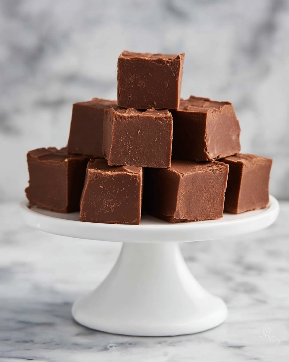 A small white bowl holds eight thick, square pieces of brown fudge stacked in a neat pile, each piece showing a smooth but slightly textured surface with small cracks and slight gloss. The bowl is placed on a light wooden board, all set against a white marbled background. A few scattered dark brown coffee beans can be seen blurred in the background, adding depth to the scene. Photo taken with an iphone --ar 4:5 --v 7