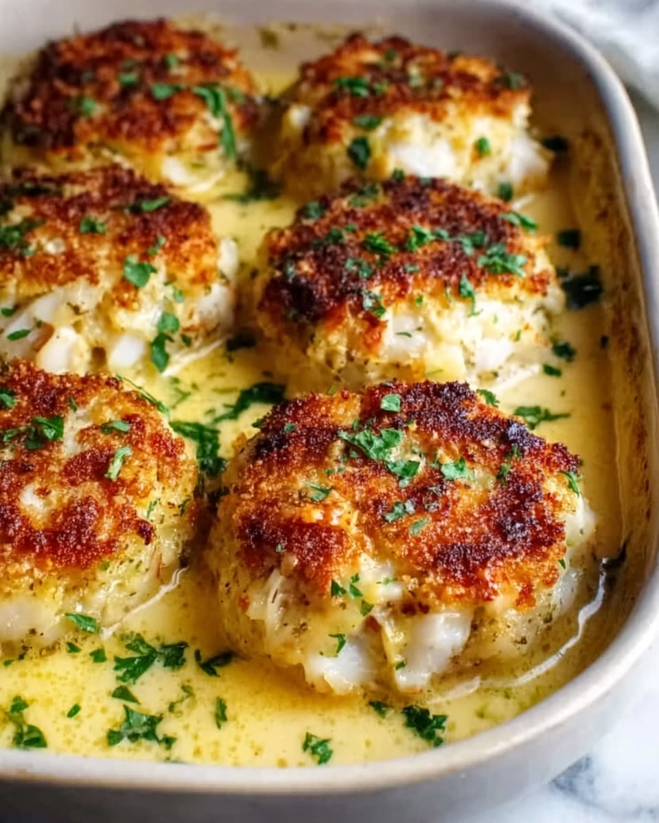 The image shows six golden brown crab cakes with a crispy, browned top layer, each topped with small pieces of green parsley. They are sitting in a creamy, pale yellow sauce speckled with chopped green herbs, all contained in a close-up view inside a dark baking dish. The crab cakes show a rough, textured surface with visible white crab meat and are nestled close together on a white marbled surface background. photo taken with an iphone --ar 4:5 --v 7