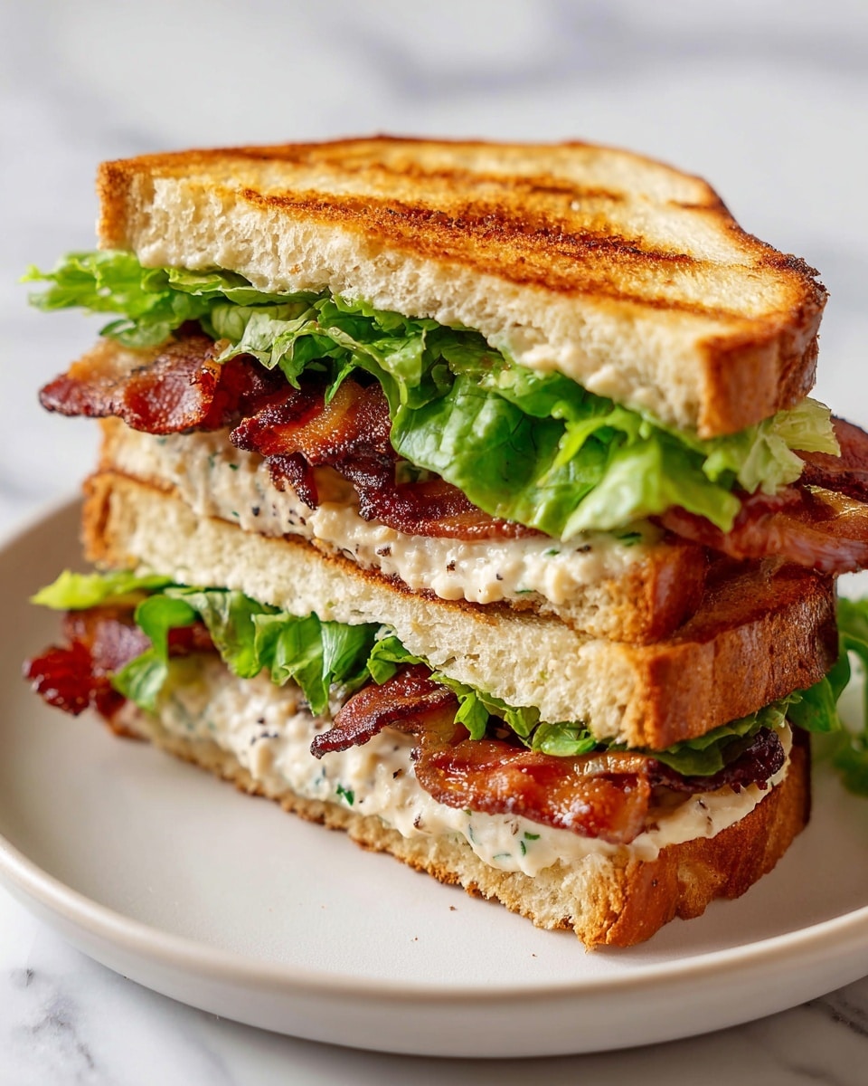 A sandwich cut into two triangular halves is stacked on a white plate with a decorative edge resting on a white marbled surface. The sandwich has three main layers of white toasted bread with golden brown grill marks, each layer showing soft and fluffy textures. Between the bread layers, you can see green lettuce leaves at the bottom, crispy reddish-brown bacon strips, two green pickles slices in the middle, and a creamy white sauce with specks of herbs spread thickly on the top and middle bread slices. The sandwich looks tall and fresh with crumbs and small pieces of parsley scattered around the plate, all captured in natural light. photo taken with an iphone --ar 4:5 --v 7