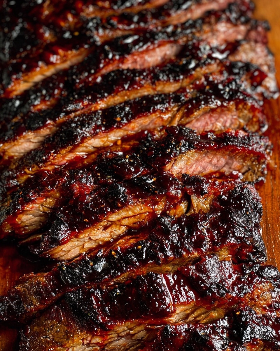 The image shows a close-up of a large piece of sliced grilled meat. The meat is cut into about twelve horizontal thin layers, showing a mix of dark brown charred areas with a shiny glaze on the surface, and pinkish juicy inside layers. The texture looks tender with visible grill marks and a slightly crispy edge on each slice. The meat pieces lie close together, covering the whole frame, highlighting the contrast between the dark glazed exterior and the warm pink interior. The photo taken with an iphone --ar 4:5 --v 7