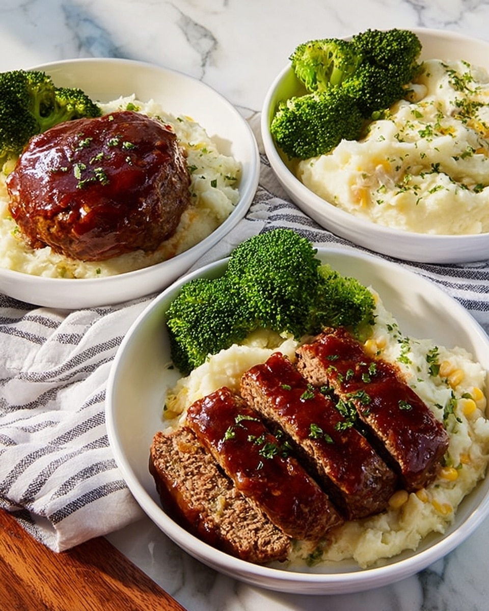 Three white plates are set on a white marbled surface with a striped cloth nearby. Each plate has three layers: a base of creamy mashed potatoes with bits of corn mixed in, a middle layer of cooked bright green broccoli florets placed to one side, and a top layer of glazed meatloaf. Two plates show a whole round meatloaf patty with a shiny dark brown glaze and sprinkled green herbs on top. The third plate has the meatloaf sliced into even pieces, the glaze shining and herbs scattered across the slices. The lighting highlights the moist texture of the meatloaf and the smooth mashed potatoes. Photo taken with an iphone --ar 4:5 --v 7