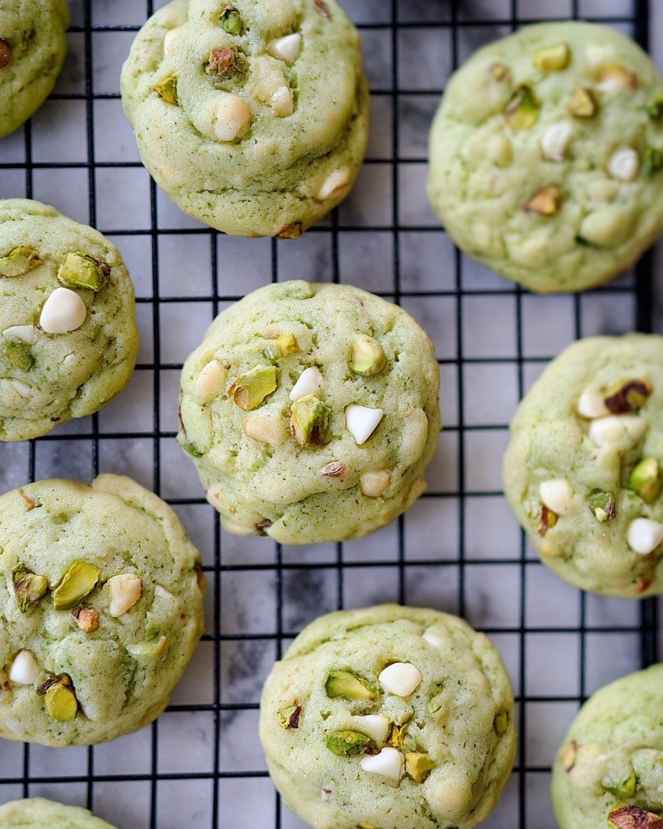 The image shows several small, round cookies with a soft texture and a pale green color, scattered over a black wire cooling rack. Each cookie has visible bits of white chips and chopped pistachios embedded on the surface, adding small spots of white and green-brown tones. The cookies have a slightly uneven, bumpy top, giving them a homemade look. The background under the rack is a white marbled texture, and the cookies are arranged loosely with gaps in between, showing the rack's grid pattern clearly. photo taken with an iphone --ar 4:5 --v 7