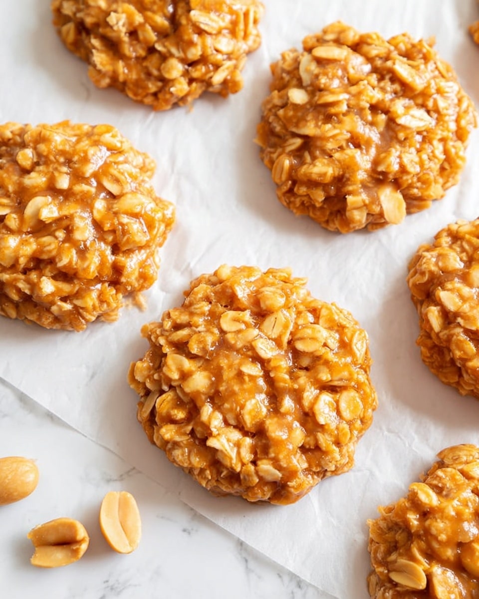 The image shows several round oatmeal peanut cookies arranged on white parchment paper, placed on a white marbled surface. Each cookie has a rough texture with visible oats and bits of peanuts, coated in a shiny caramel-like layer giving them a golden-brown color. The cookies are grouped close together, with a few loose whole peanuts near the bottom left side of the frame. The lighting highlights the sticky, textured surface of the cookies, making them look fresh and soft to the touch. photo taken with an iphone --ar 4:5 --v 7