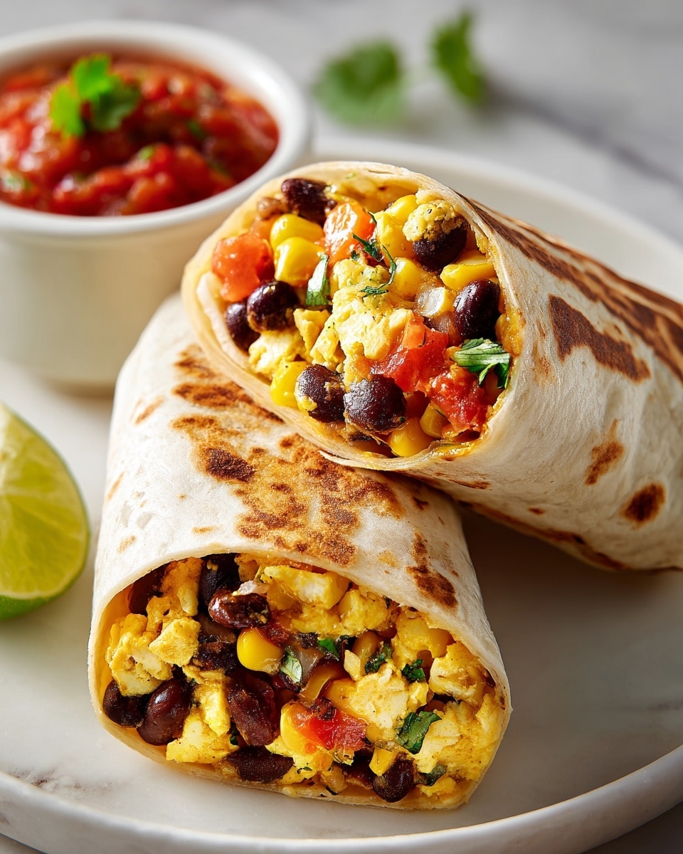 The image shows two halves of a breakfast burrito stacked on top of each other on a white marbled surface. The burrito is wrapped in a light brown toasted tortilla with darker grill marks. The inside is filled with several layers: soft scrambled yellow eggs, small pieces of cooked brown ground meat, chopped red tomatoes, green herbs, and bits of white onion mixed throughout. The layers appear moist and fresh with a mix of soft and slightly chunky textures. A small amount of diced tomato, green herbs, and onions are scattered near the burrito. The photo taken with an iphone --ar 4:5 --v 7