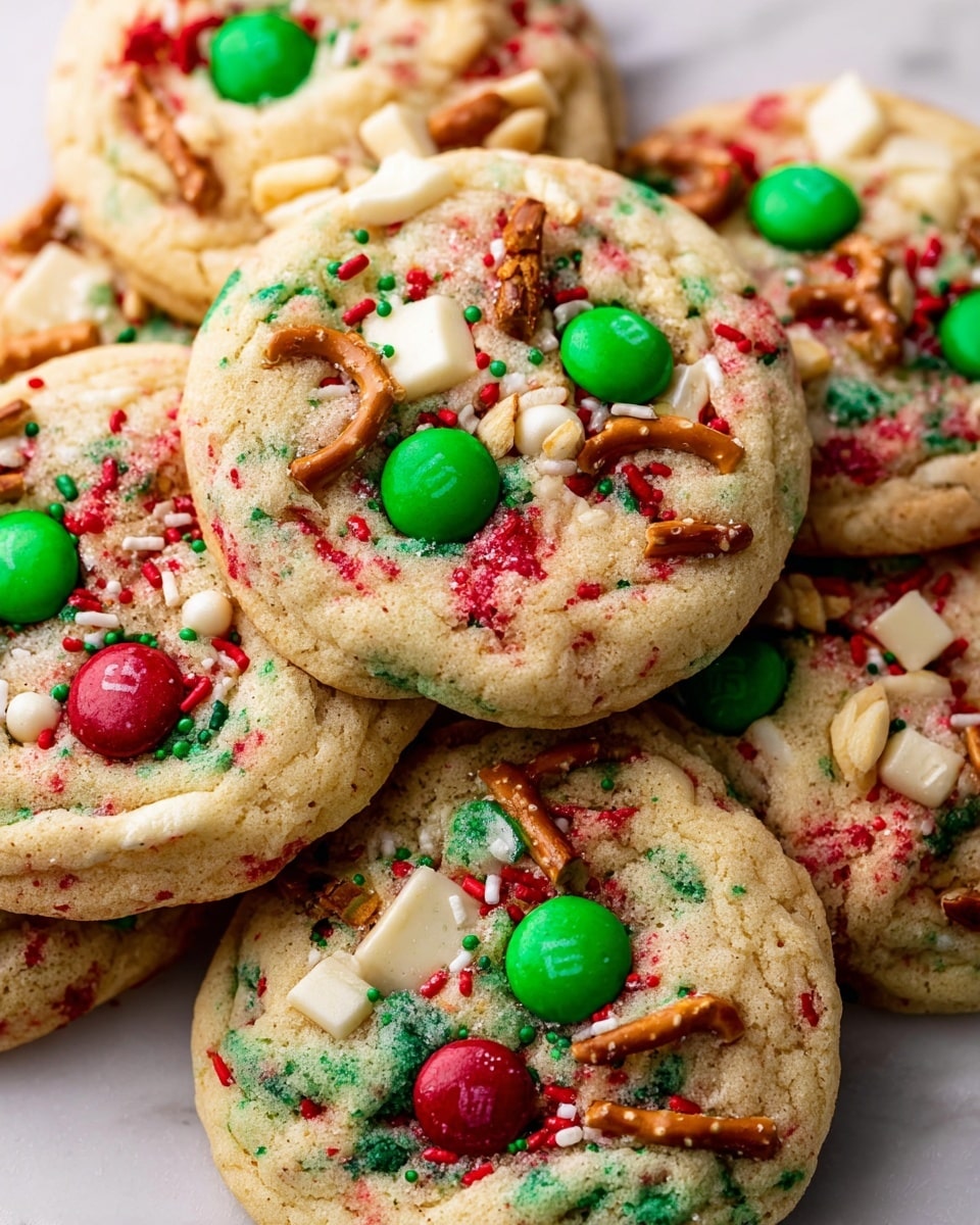 The image shows a close-up view of several round cookies stacked and overlapping each other on a white marbled surface. Each cookie has a light tan, slightly crumbly texture with colorful red and green sprinkles mixed throughout the dough. On top of the cookies, there are bright green and red candy-coated chocolates embedded in the surface, along with small white chocolate pieces and twisted brown pretzel bits. The cookies look soft and full of festive colors with tiny red, green, and white sprinkles scattered all over. Photo taken with an iphone --ar 4:5 --v 7