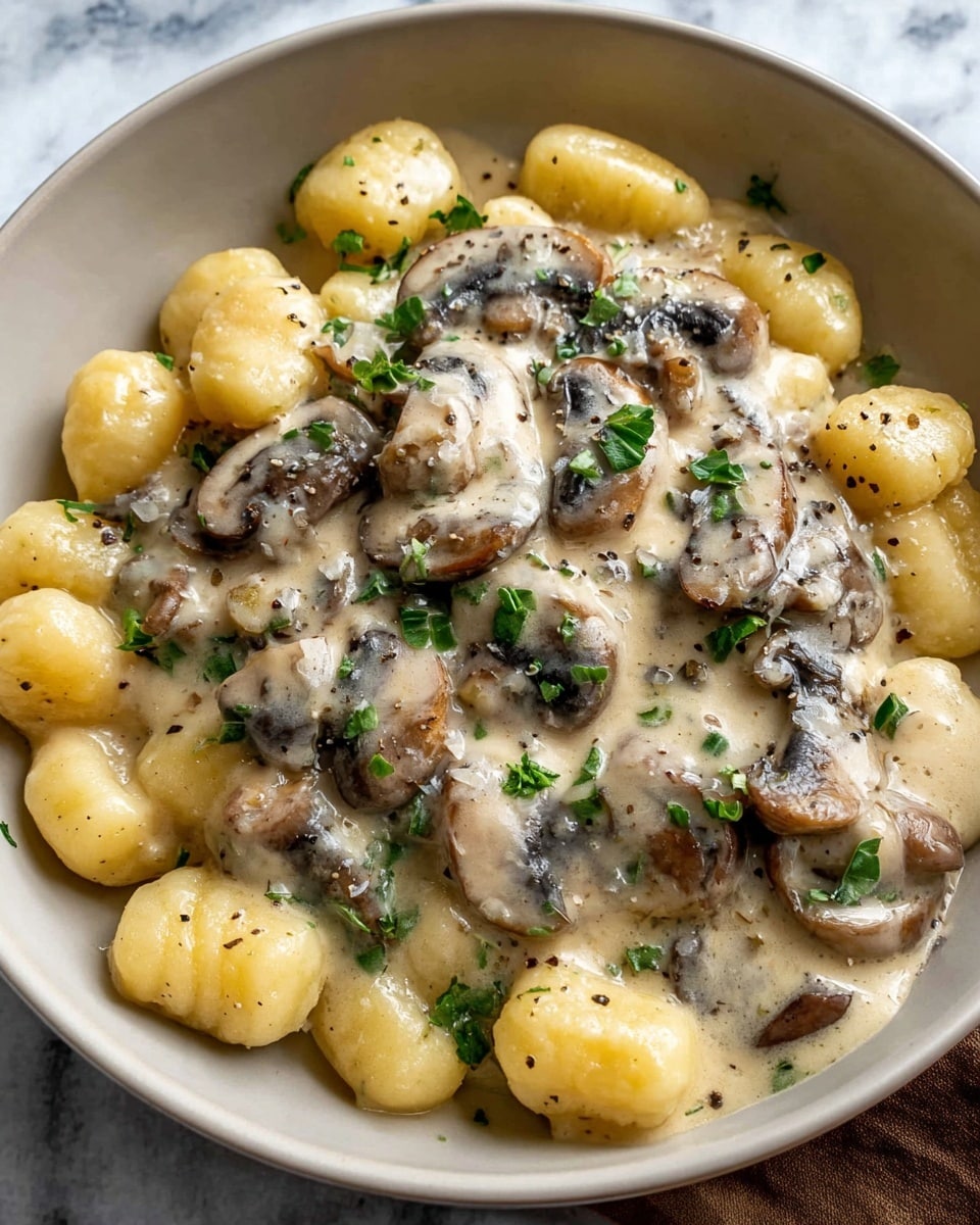 A white bowl filled with a creamy light beige sauce covering several plump, pale yellow gnocchi pieces, mixed with sliced light brown mushrooms that have darker edges. The sauce is speckled with small green herb pieces and black pepper. A sprig of fresh green thyme lies on top, adding color contrast. The bowl is placed on a white marbled surface, with wood visible around it. photo taken with an iphone --ar 4:5 --v 7