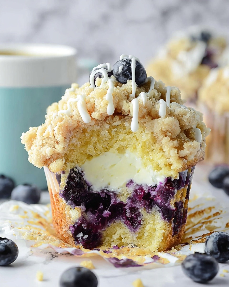 A close-up of a blueberry muffin with three main layers: the bottom layer is a light yellow cake with visible purple blueberry juice streaks inside; the middle layer has whole dark blueberries embedded in the cake; the top layer is a crumbly, golden-brown streusel topping with some blueberries peeking through, giving a rough and crunchy texture. The muffin is wrapped in a white paper liner and sits on a white marbled surface with some crumbs and blueberry stains around it. In the background, there is a white cup with a blurred logo and more muffins out of focus. Photo taken with an iphone --ar 4:5 --v 7