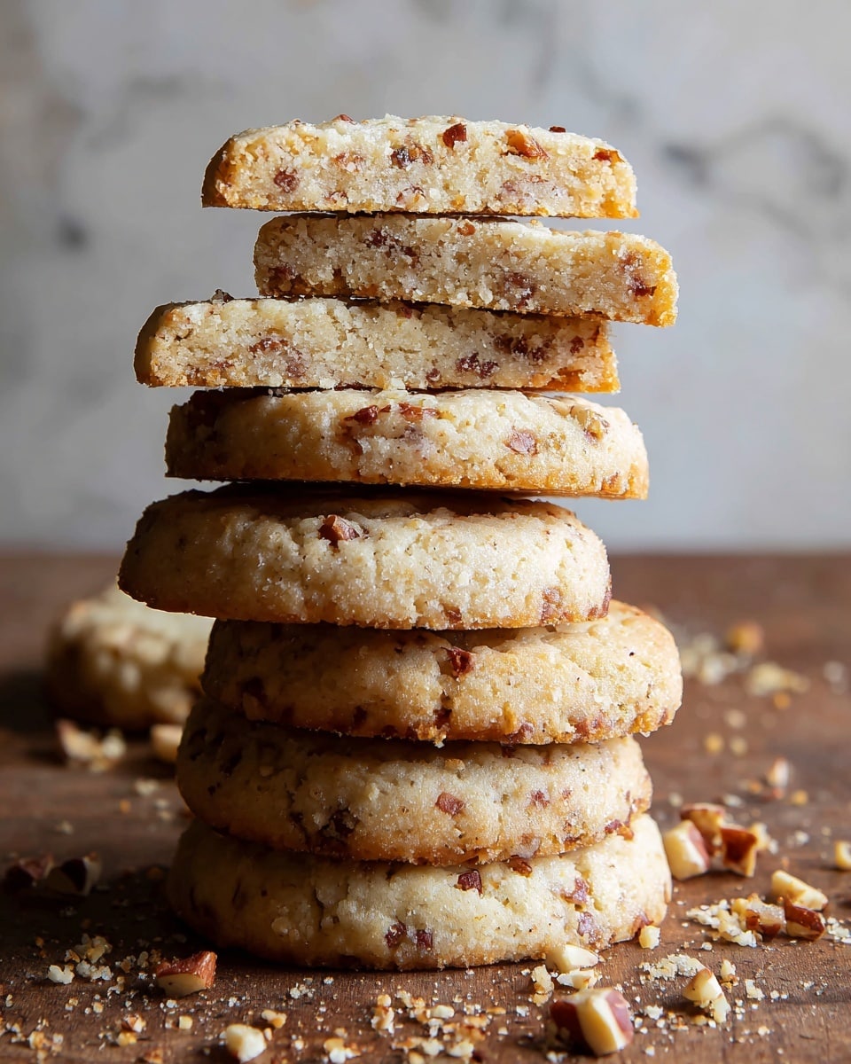 A white plate holds a stack of round shortbread cookies with small bits of nuts mixed throughout. The cookies are pale yellow with a slightly crumbly texture and granules of sugar visible on top. Crumbs and a single broken cookie piece lie nearby on a white marbled textured surface. A clear glass filled with milk is placed on the right side of the plate. photo taken with an iphone --ar 4:5 --v 7