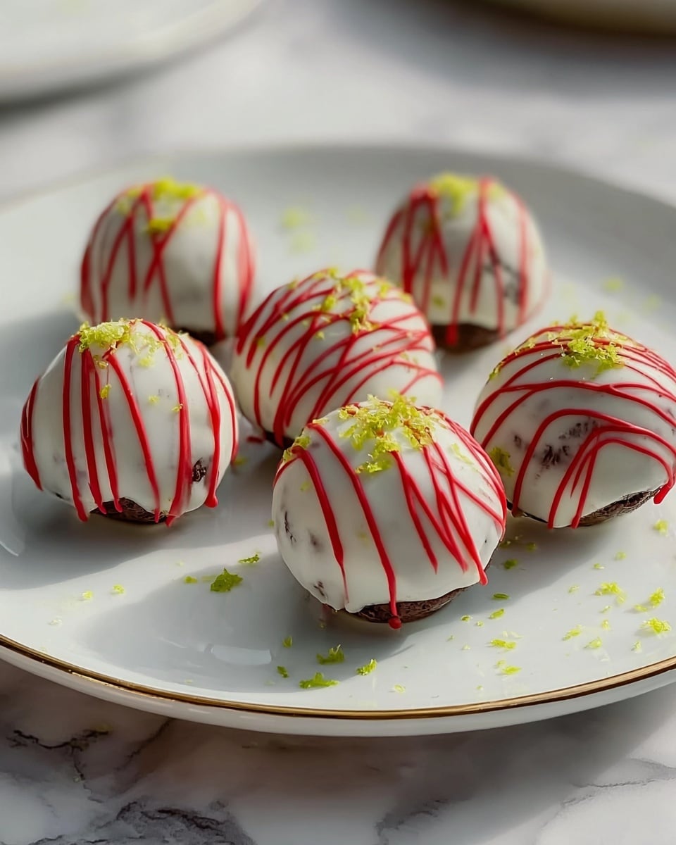 Six round treats sit on a white plate on a white marbled surface, each with a dark brown base covered in a smooth white coating. Bright red lines of sauce run vertically over the white layer on each treat, and small green bits are sprinkled on top and around the plate. The treats have a shiny, glossy finish making them look fresh and delicious. Photo taken with an iphone --ar 4:5 --v 7