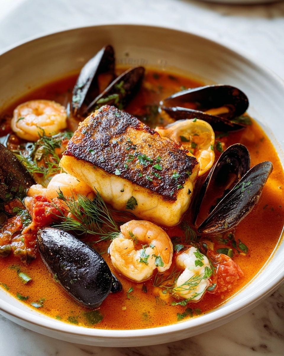 A deep black bowl holds a rich, reddish-brown broth filled with sliced lemon rounds, pieces of red tomato, and chopped green herbs. Floating atop are several plump shrimp with a light seasoning, black mussels with shiny, slightly open shells, and a large piece of golden-brown grilled fish garnished with fresh green herbs. The broth shows some onion slices and other small vegetable bits, all set on a white marbled surface with a sprig of green herb nearby. Photo taken with an iphone --ar 4:5 --v 7