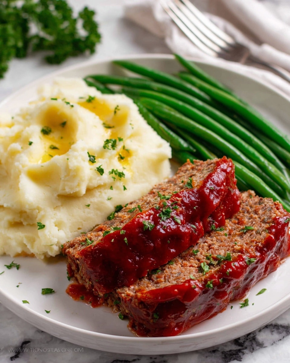 The dish shows two thick slices of meatloaf placed side by side on the right half of a white plate, each slice topped with a glossy red sauce and sprinkled with small green herbs. On the left side of the plate, there is a generous serving of creamy mashed potatoes with melted butter pooled on top and scattered herbs. Behind the meatloaf, there is a neat row of bright green cooked green beans. The plate is set on a white marbled surface, with a fork visible at the upper right corner. The overall look is warm and inviting with contrasting colors and textures. photo taken with an iphone --ar 4:5 --v 7