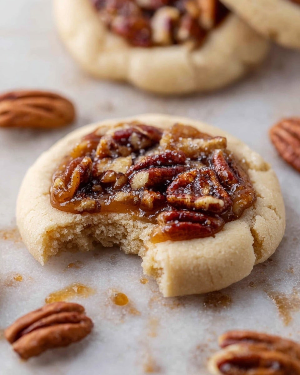 The image shows close-up pecan cookies placed on a white marbled textured surface. Each cookie has two layers: the bottom layer is a soft, light beige cookie base with visible soft cracks and a rough, crumbly texture. The top layer is a thick, glossy, dark brown pecan topping made of chopped pecans held together with a sticky glaze, filling a shallow well in the cookie. Surrounding the cookies are a few whole pecan halves and small pieces on the surface. The lighting highlights the shine on the pecan glaze and the crumbly texture of the cookie. photo taken with an iphone --ar 4:5 --v 7