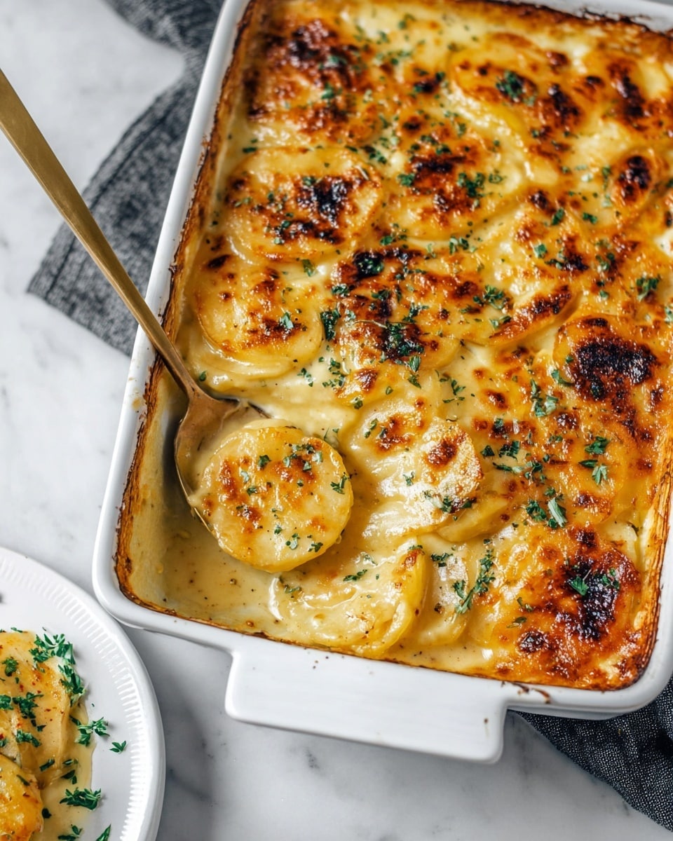 A white rectangular baking dish filled with a golden brown, baked layered potato casserole, with the top layer showing thin, slightly browned potato slices arranged in a pattern. The edges of the dish have a dark brown, crispy baked crust. Small pieces of green herbs are sprinkled on top, adding color contrast to the golden cheese and potatoes. The dish sits on a white marbled surface with a checkered cloth partially visible on the right side. Photo taken with an iphone --ar 4:5 --v 7