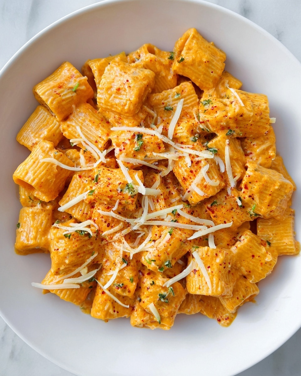 A white plate holds a creamy orange pasta dish with rigatoni noodles, each piece thick and ridged, fully coated in a smooth, rich orange sauce speckled with herbs. On top, thin shreds of pale yellow cheese are spread unevenly, adding texture and a mild contrast. Small green herb pieces and a light dusting of reddish seasoning are sprinkled across the entire dish, creating a vibrant, appetizing look. The background is a white marbled surface. photo taken with an iphone --ar 4:5 --v 7