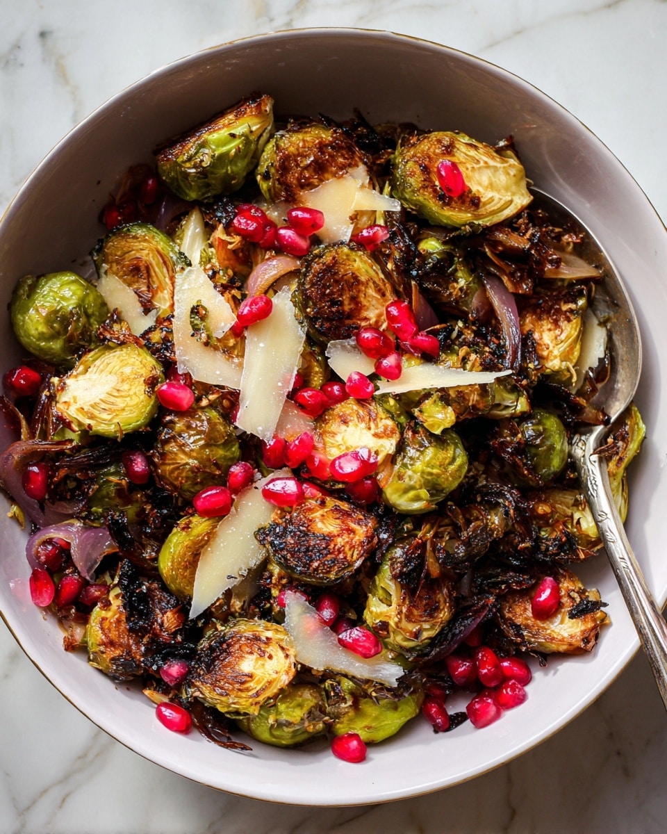 Balsamic-Fig Glazed Brussels Sprouts with Bacon, Pomegranate, and Parmigiano-Reggiano Recipe - Recipe Image