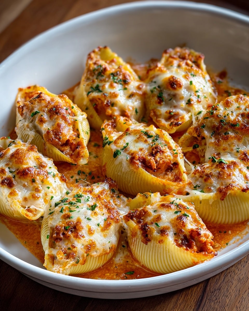 The image shows a white round plate filled with eight large pasta shells arranged close together. Each shell is stuffed with a mix of orange and white filling, topped with a layer of melted, golden-brown cheese and crispy breadcrumbs. Small green herb bits are sprinkled on top of each shell, adding a touch of color. The shells have a slightly ridged texture and sit in a thin layer of orange tomato sauce at the bottom. The plate is on a white marbled surface. Photo taken with an iphone --ar 4:5 --v 7