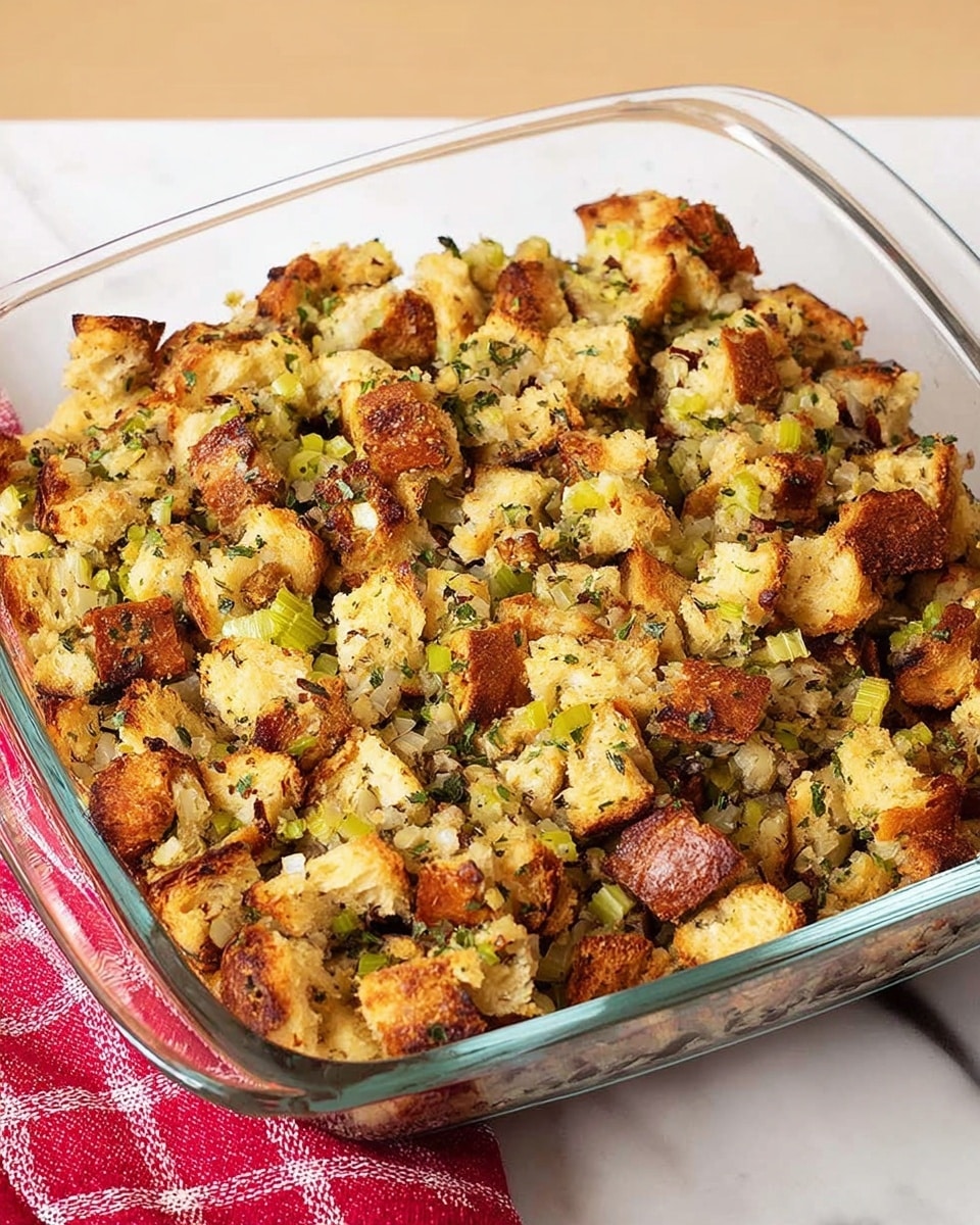 A clear square glass dish filled with baked stuffing showing roughly two layers of cube-shaped bread pieces mixed with finely chopped herbs and small bits of celery, all browned and toasted on top with a mix of golden and darker brown patches, creating a textured and crunchy surface. The dish is placed on a white marbled surface with a red and white cloth partially visible on the left edge, and the background has soft neutral tones. photo taken with an iphone --ar 4:5 --v 7