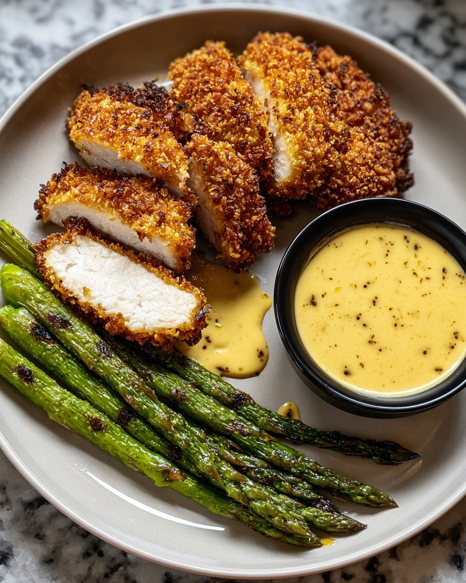 On a white plate, there are five slices of crispy brown crusted chicken arranged in a row on the left side, showing the light juicy inside of the chicken. Next to the chicken, in the upper middle part of the plate, are five pieces of bright green asparagus spears placed side by side. On the right side of the plate, there is a creamy yellow sauce with black pepper specks spread neatly, partially touching the asparagus. The plate sits on a white marbled surface. Photo taken with an iphone --ar 4:5 --v 7
