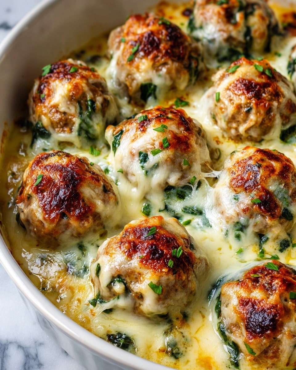 The image shows many round meatballs in a white dish, each meatball golden brown on top with melted cheese that looks creamy and stretchy, mixed with green spinach leaves inside the meatballs and around them in the cheese sauce. The cheese sauce is thick and bubbling, covering the bottom of the dish, while the meatballs sit on top in rows. The lighting highlights the shiny, crispy tops and the soft, creamy cheese around the meatballs. The background surface is a white marbled texture. photo taken with an iphone --ar 4:5 --v 7