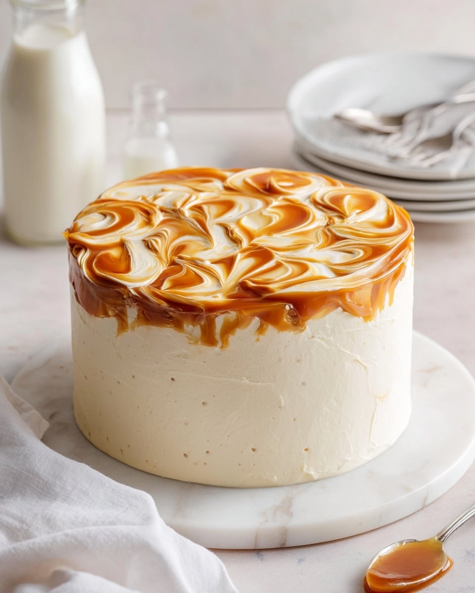 The image shows a slice of cake with three layers of soft, light yellow sponge separated by two thin layers of smooth caramel sauce and white cream. The cake is frosted with white cream on the outside, with caramel slightly dripping down the sides. The slice is placed on two stacked white plates, set on a white marbled surface. In the foreground, a spoon with a little caramel sauce rests near the plates, and a white cloth is partially visible. The background is softly blurred with warm light. photo taken with an iphone --ar 4:5 --v 7