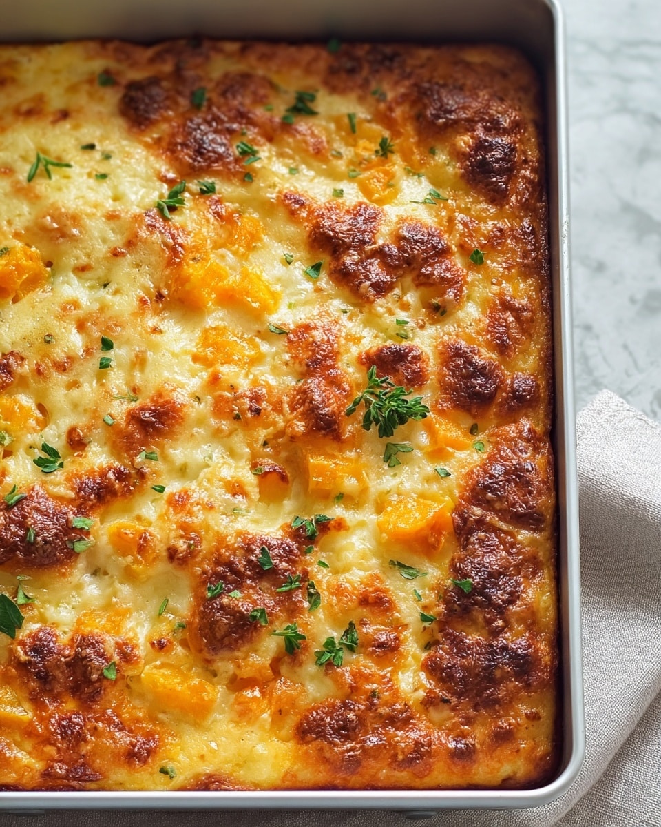 A square metal pan holds a baked dish with a golden brown and bubbly melted cheese top layer, dotted with bright orange chunks of cooked vegetable. The cheese's surface has small browned spots and is sprinkled with small green parsley leaves for color. The dish rests on a white marbled tabletop with scattered parsley leaves around it. Nearby, part of a white bowl with black pepper is visible, and a light grey cloth is in the upper right corner. Photo taken with an iphone --ar 4:5 --v 7