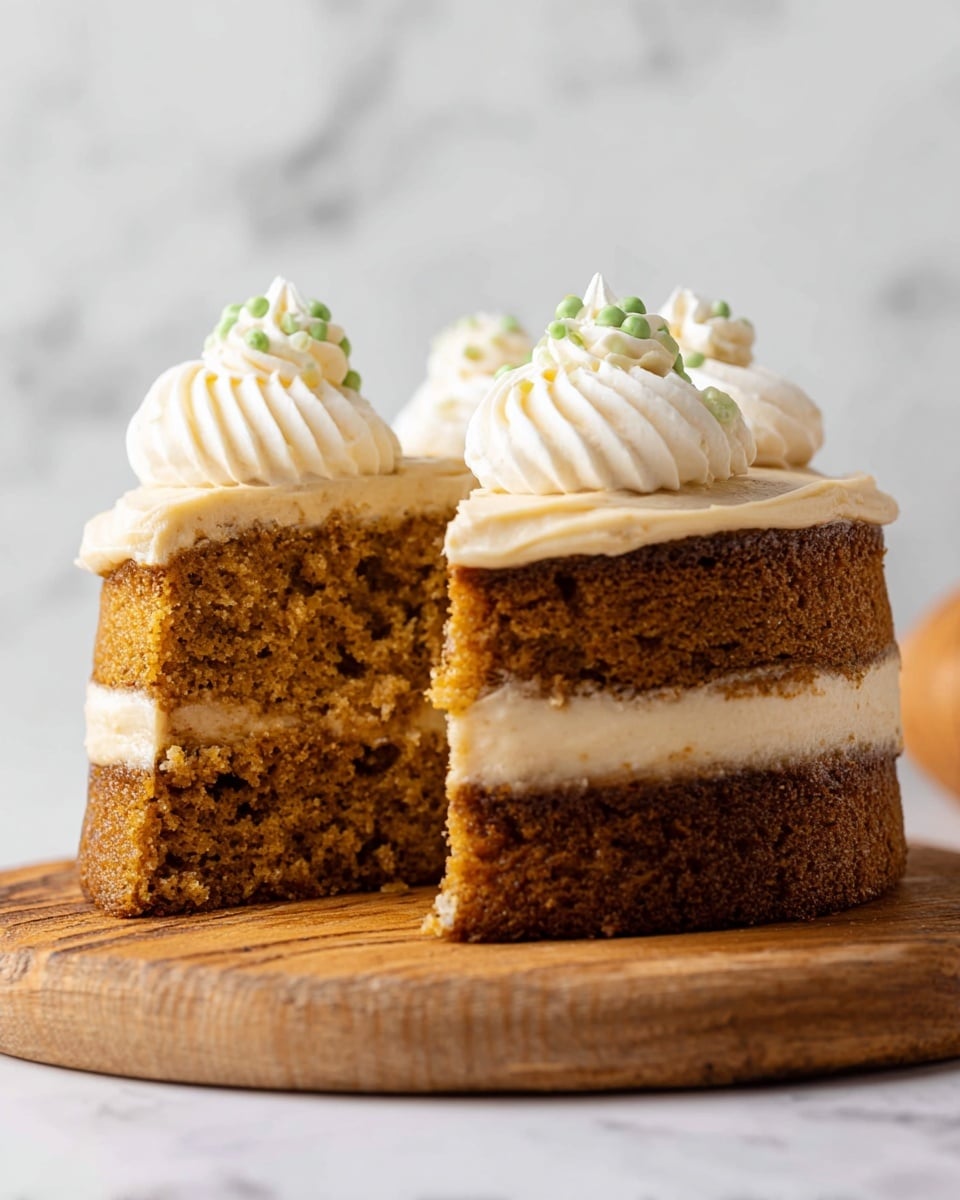 A two-layer brown cake with a moist texture is presented on a round wooden board. Each layer of the cake is separated by a light beige frosting that spreads evenly, with the same frosting covering the top and sides. On top, there are two dollops of white cream with soft swirls and small green dollops at the peak of each swirl. The cake is placed on a white marbled surface. Photo taken with an iphone --ar 4:5 --v 7