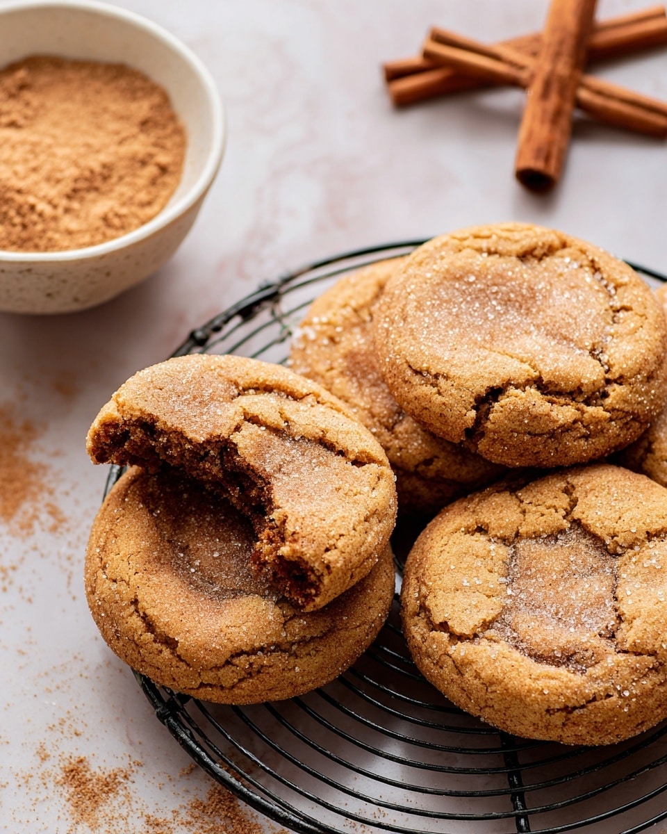 A close-up of five golden brown cookies with a cracked, slightly rough texture showing some sugar crystals on top, placed on a black wire cooling rack. One cookie has a large bite taken out of it, revealing a soft inside with a slightly darker color. To the top left, a small white ceramic bowl filled with light brown cinnamon sugar mix is visible. Three cinnamon sticks rest at the top right corner on a white marbled surface, which acts as the background. The lighting is soft and warm, highlighting the cozy, homemade feel of the cookies. Photo taken with an iphone --ar 4:5 --v 7