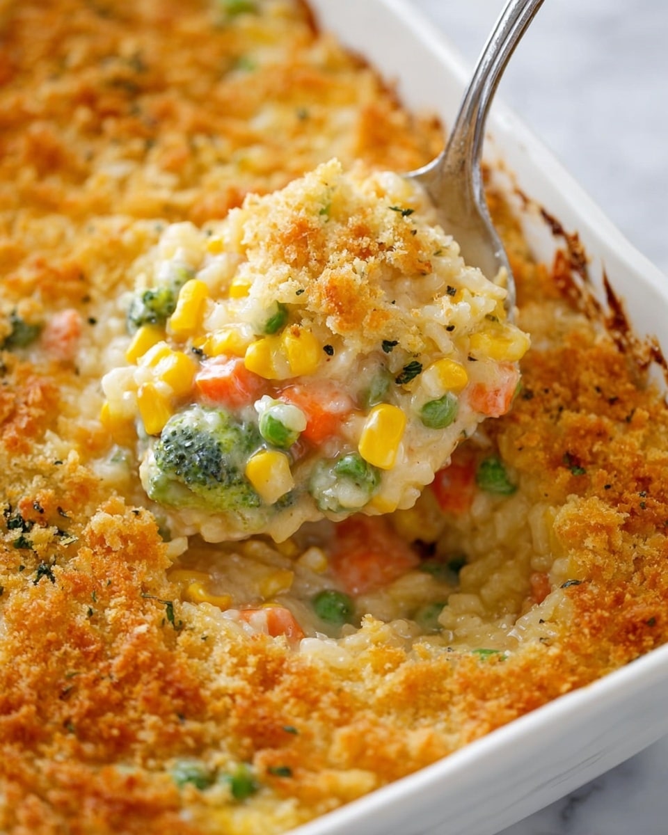 The image shows a close-up of a creamy rice casserole with mixed vegetables like corn, carrots, green beans, peas, and broccoli. It has one visible thick layer of soft, creamy rice mixed with colorful veggies, surrounded by a crispy golden brown topping that looks crunchy. A spoon with food is scooping from the middle, highlighting the inside layer's creamy texture. The dish is in a white dish on a white marbled surface. photo taken with an iphone --ar 4:5 --v 7