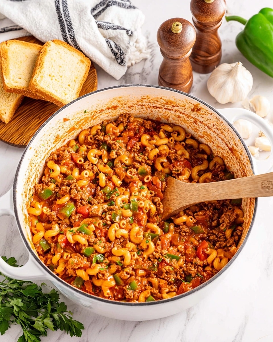 A large white pot filled with a cooked mixture of small elbow pasta, small pieces of browned meat, and chopped vegetables like green peppers and tomatoes all coated in a red tomato sauce. The food is garnished with chopped green herbs on top. A light wooden spoon rests inside the pot, partially covered by the pasta mixture. In the background, there is a white plate stacked with three pieces of toasted golden brown bread, along with wooden salt and pepper shakers on the left, some green bell pepper halves on the right, and a white marbled surface underneath everything. Photo taken with an iphone --ar 4:5 --v 7