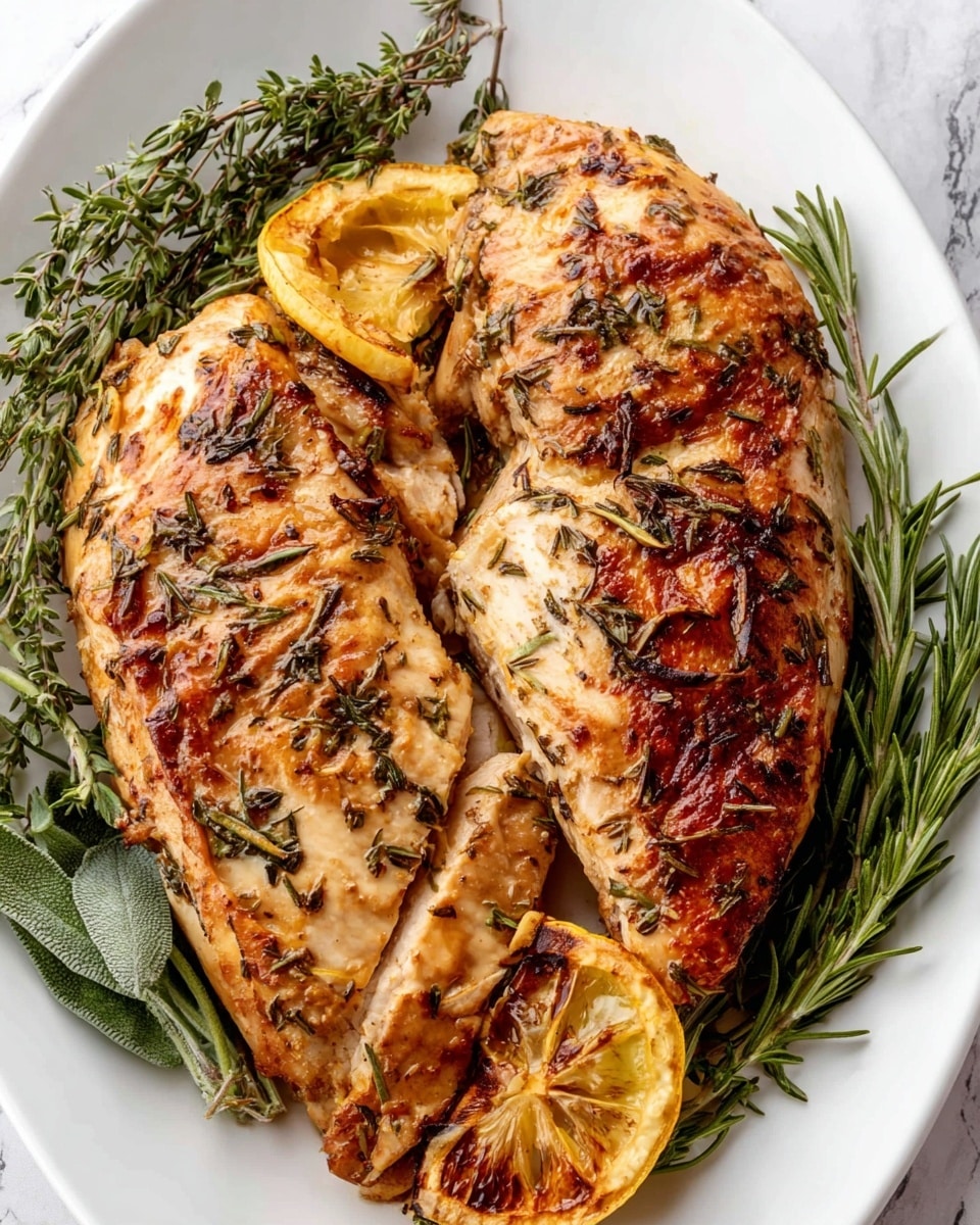 A whole roasted chicken with crispy golden brown skin, covered with herbs and a glossy layer of sauce being poured from a spoon held by a woman's hand above it. It sits on a white oval plate, surrounded by fresh green herb sprigs and roasted garlic cloves, all placed on a white marbled surface. In the background, a soft beige cloth is slightly out of focus. Photo taken with an iphone --ar 4:5 --v 7