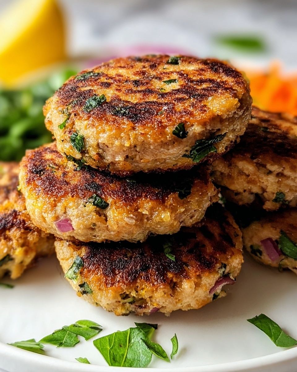 The image shows a close-up of five golden-brown patties stacked on a white plate with a white marbled surface underneath. Each patty is round and thick, with a crispy, browned outer layer that has small bits of green herbs and tiny pieces of red onion visible within. The texture looks slightly rough and cooked evenly, with some areas more charred for contrast. On the plate near the patties, there are a few scattered chopped green leaves, and in the background, a bright yellow lemon wedge is partially visible along with blurred green and orange shapes, likely vegetables. photo taken with an iphone --ar 4:5 --v 7