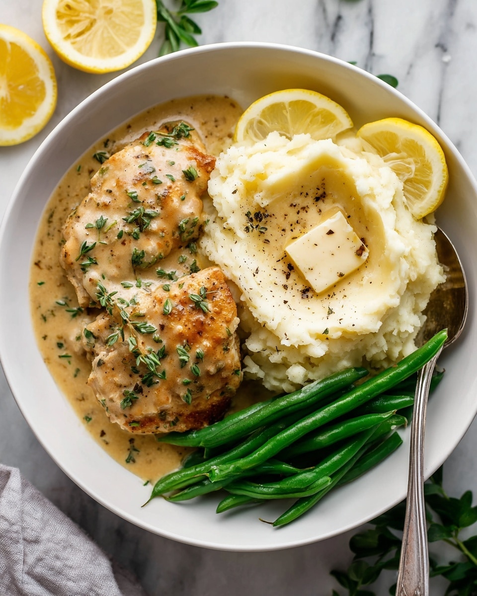 The image shows a white round pot with two gray handles filled with four browned cooked chicken pieces covered in a thick creamy sauce. The sauce is light yellow and has small green herbs sprinkled on top. There is a metal spoon with a wooden handle resting inside the pot on the right side, partially covered by the sauce. Surrounding the pot are white cloth and some lemon slices, placed on a white marbled surface. Photo taken with an iphone --ar 4:5 --v 7