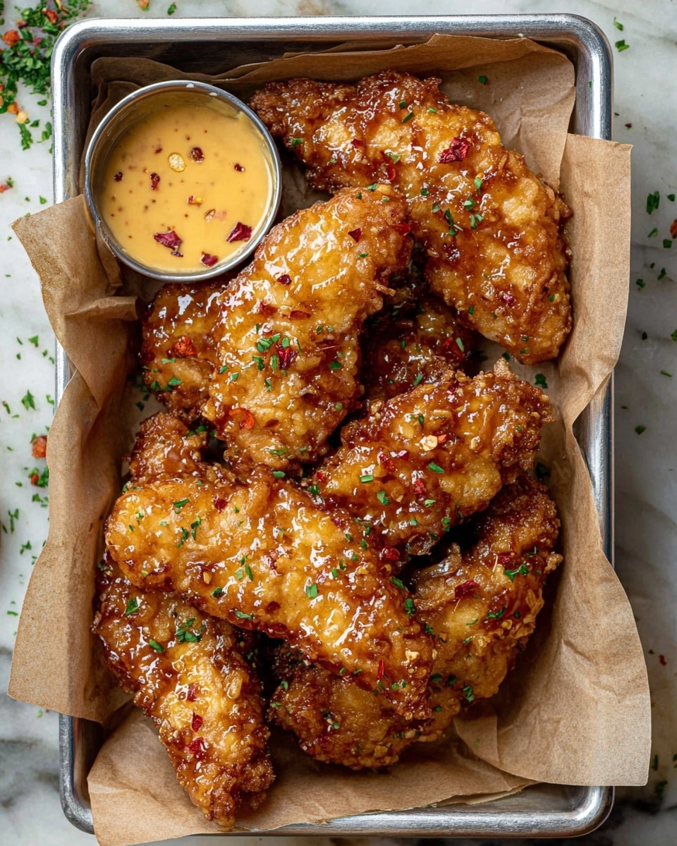 There is a silver tray lined with light brown paper holding six pieces of fried chicken tenders. The chicken pieces are thick and crispy with a golden-brown and slightly shiny texture, covered in a sticky light orange glaze. Small green herb bits are scattered over the chicken and around the tray. In the bottom left corner of the tray is a small round silver cup filled with a creamy yellow-orange dipping sauce with tiny red specks. The tray is placed on a white marbled surface with some green herb pieces scattered nearby. photo taken with an iphone --ar 4:5 --v 7