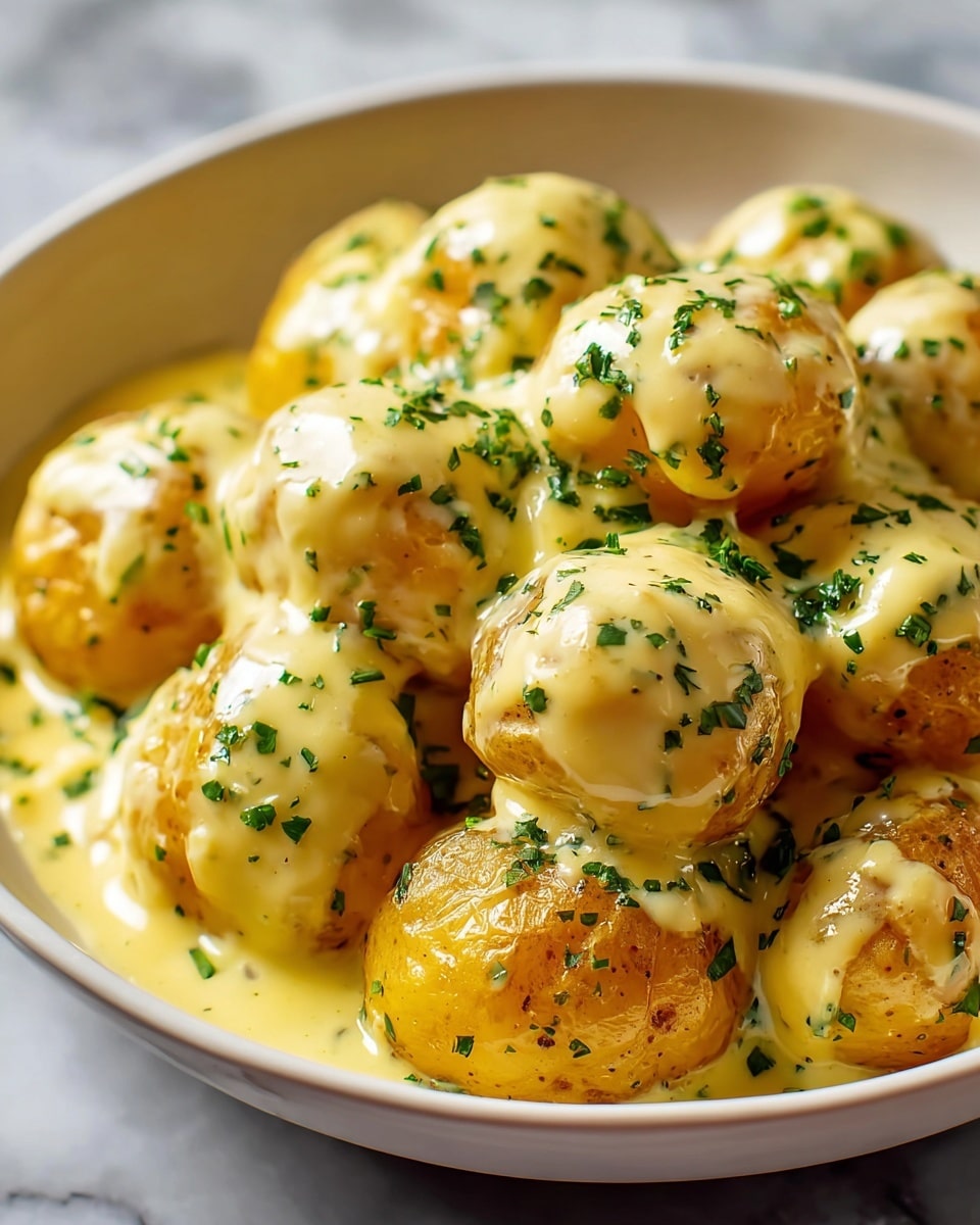 The image shows a pan filled with several round, golden-brown potatoes covered in a thick, creamy yellow sauce. The sauce has a smooth texture with small green herb pieces sprinkled throughout, adding a fresh touch. The potatoes are arranged in layers, with some on top of others, and each one is well coated with the sauce. The herbs are evenly spread across the potatoes and sauce, giving a speckled green contrast against the yellow cream and golden potatoes. The pan itself is partially visible, black in color, and placed on a white marbled surface. photo taken with an iphone --ar 4:5 --v 7