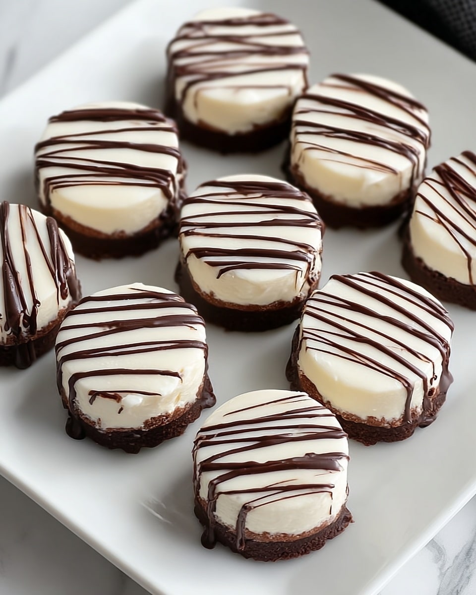 The image shows six round, dark chocolate treats placed on white parchment paper inside a metal tray, which is set on a white marbled surface. Each treat has two layers: a smooth, shiny dark chocolate base and a thick, glossy white chocolate layer on top that covers most of the surface. Thin, evenly spaced dark chocolate stripes are drizzled diagonally across the white chocolate, creating a striped pattern. The treats have clean edges and a smooth texture, arranged neatly in two rows of three. Photo taken with an iphone --ar 4:5 --v 7