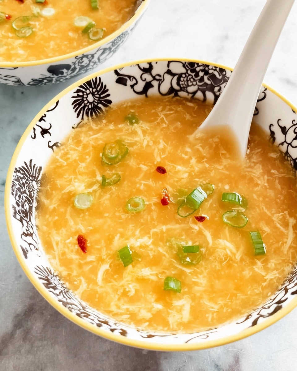 A bowl of thick, light orange soup with visible soft egg strands mixed throughout, topped with small green onion pieces and a few red chili flakes. The soup fills a white bowl decorated with black floral and swirl patterns along the rim and a thin yellow border outside. A white spoon rests inside the soup on the left side. The background is a white marbled surface with a partial view of another bowl of soup blurred behind it. Photo taken with an iphone --ar 4:5 --v 7
