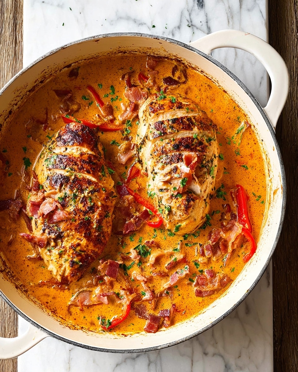 A white bowl holds a piece of cooked chicken with a browned, crispy skin on top. The chicken is placed on a creamy, orange-colored sauce with visible pieces of red bell pepper and chopped herbs sprinkled around. Small bits of what looks like bacon or ham are scattered on the chicken and sauce. The bowl is on a white marbled surface, and a silver fork is resting inside the bowl on the right side. photo taken with an iphone --ar 4:5 --v 7