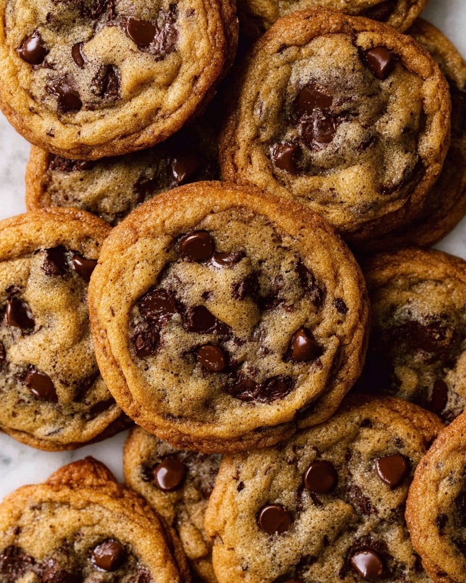 Three round chocolate chip cookies are shown on a white marbled surface. Each cookie has a slightly crispy golden brown edge with a softer, lighter brown center textured with small cracks. On top of the cookies, large dark chocolate chips are scattered unevenly, some slightly melted and shiny. The overall look is warm and inviting, with the cookies placed close but not touching each other. Photo taken with an iphone --ar 4:5 --v 7